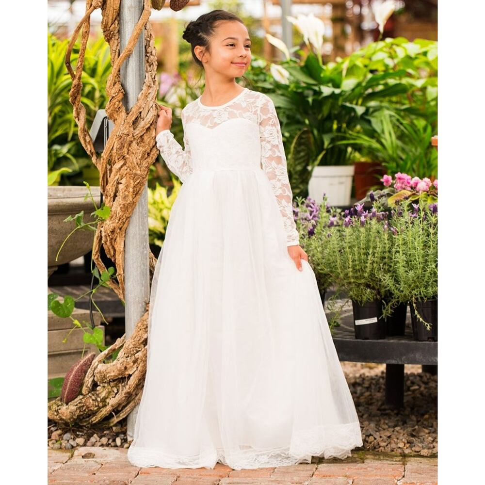 Just Couture Girls Isabella White Lace Bow Full Length Flower Girl